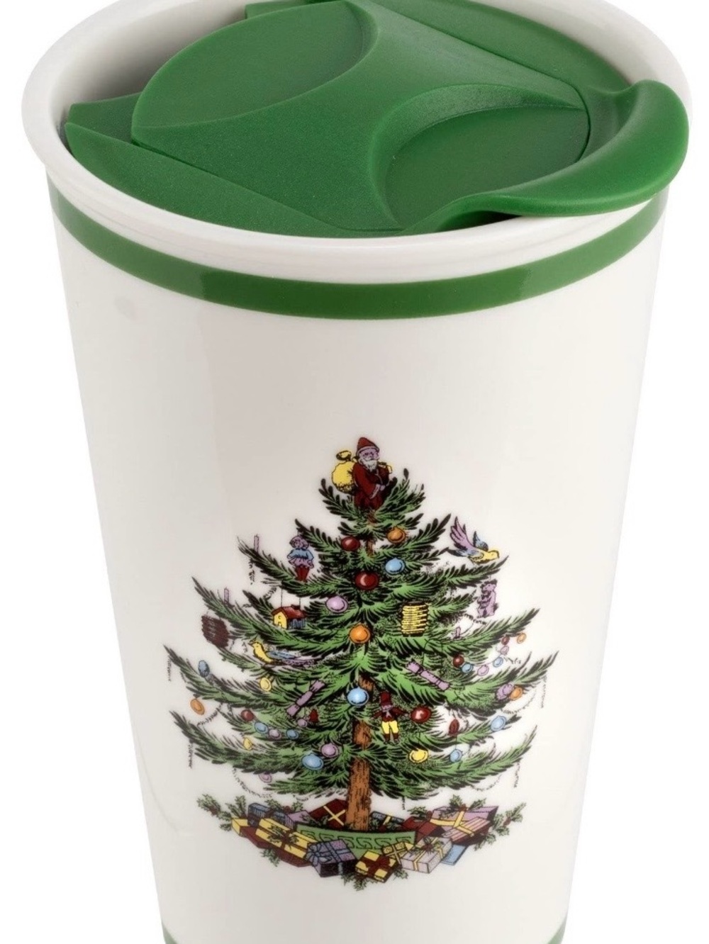 Spode White Travel Mug with Green Lid and Christmas Tree Motif